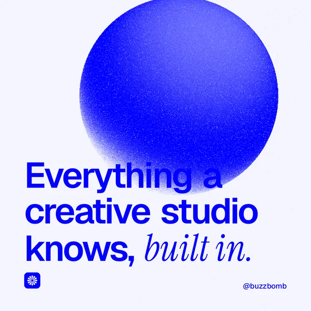 Instagram post for BuzzBomb: "Everything a creative studio knows, built in." Auto 1x1 style, technique:shader field layout, light palette in white, blue.