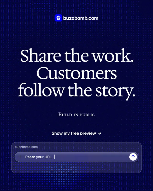 Instagram portrait post for BuzzBomb: "Share the work. Customers follow the story." Swiss style, smallcaps layout, dark palette in blue, black.
