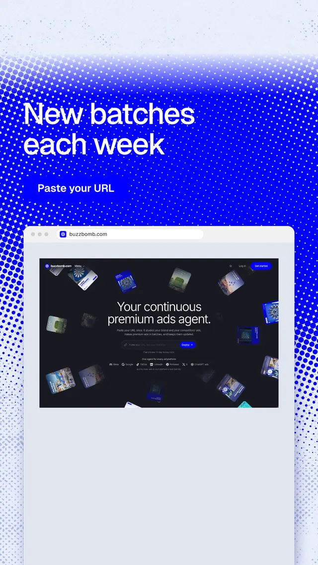 Instagram story for BuzzBomb: "New batches each week". Swiss style, browser layout, light palette in white, blue.