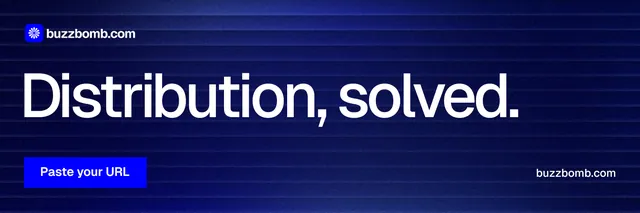 X header for BuzzBomb: "Distribution, solved." Swiss style, poster layout, dark palette in blue, grey.