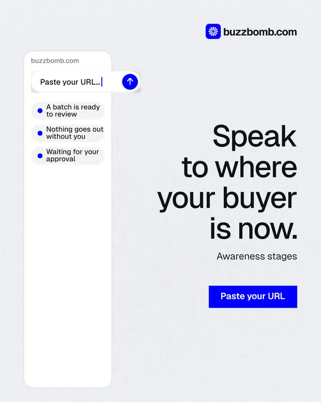 Instagram portrait post for BuzzBomb: "Speak to where your buyer is now." Swiss style, right layout, light palette in white, blue.