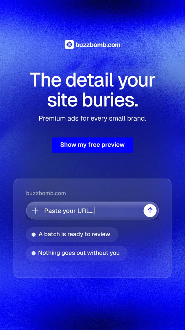 Instagram story for BuzzBomb: "The detail your site buries." Swiss style, centred layout, dark palette in blue.