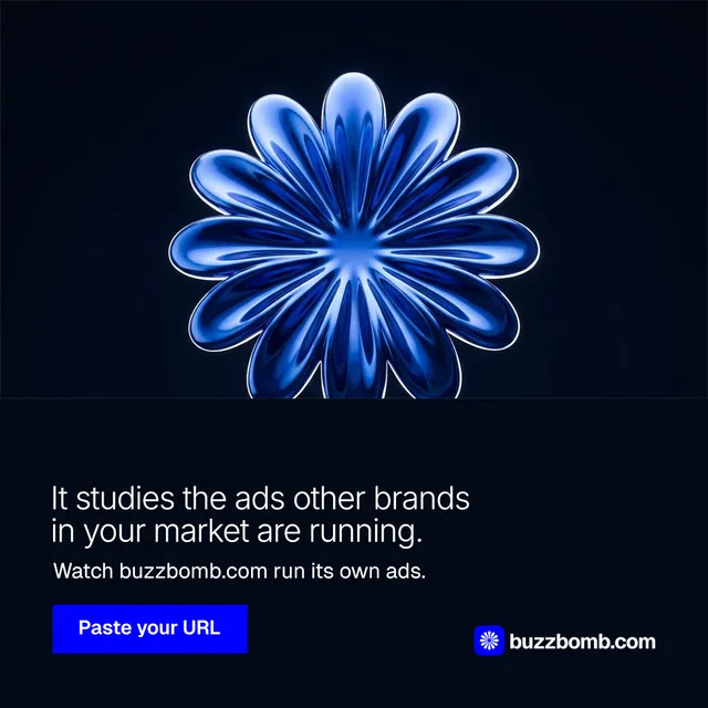 Instagram post for BuzzBomb: "It studies the ads other brands in your market are running." Swiss style, bottom layout, dark palette in black, blue.
