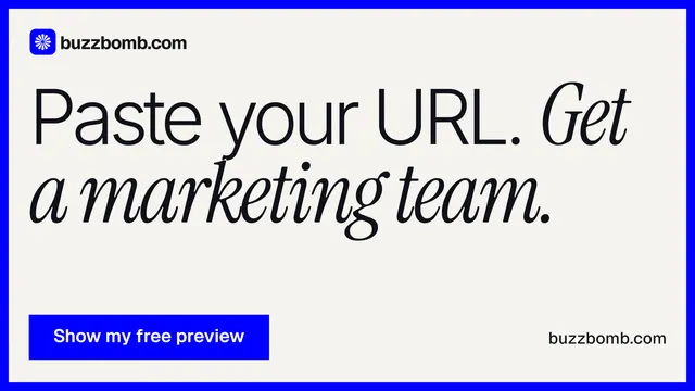 Landscape graphic for BuzzBomb: "Paste your URL. Get a marketing team." Swiss style, poster layout, light palette in white, grey, blue.