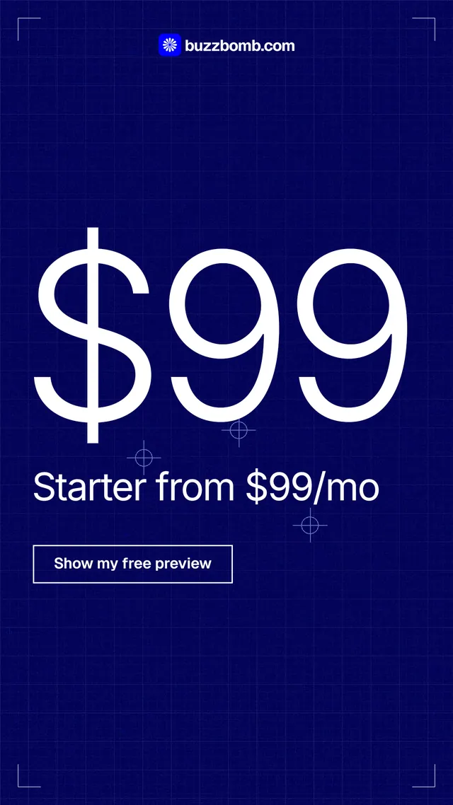 Instagram story for BuzzBomb: "Your continuous premium ads agent." Blueprint style, stat layout, dark palette in blue.