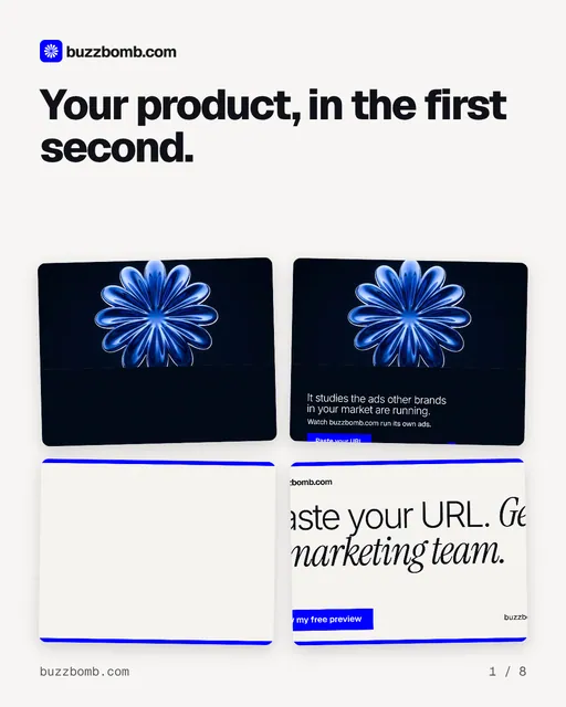 Carousel for BuzzBomb: "Your product, in the first second.". Collection carousel, 8 slides, light palette.