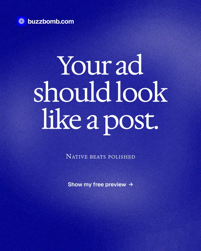 Instagram portrait post for BuzzBomb: "Your ad should look like a post." Cyanotype style, smallcaps layout, dark palette in blue.
