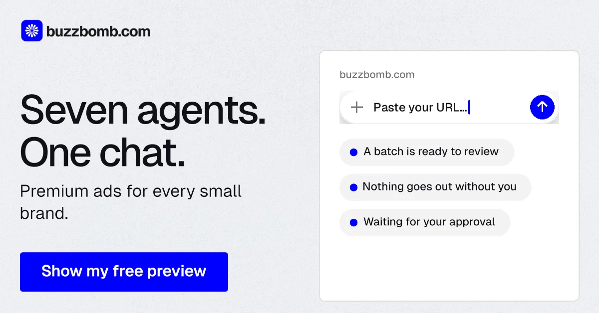 Social ad for BuzzBomb: "Seven agents. One chat." Data card style, bottom layout, light palette in white, blue.
