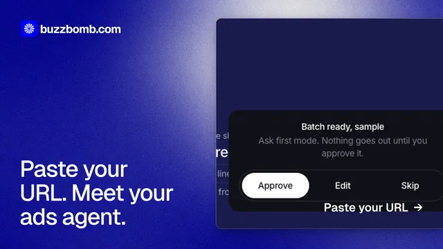 Landscape graphic for BuzzBomb: "Paste your URL. Meet your ads agent." Cyanotype style, image led layout, dark palette in blue.