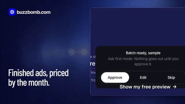Landscape graphic for BuzzBomb: "Finished ads, priced by the month." Dark deco style, image led layout, dark palette in blue, black, grey.