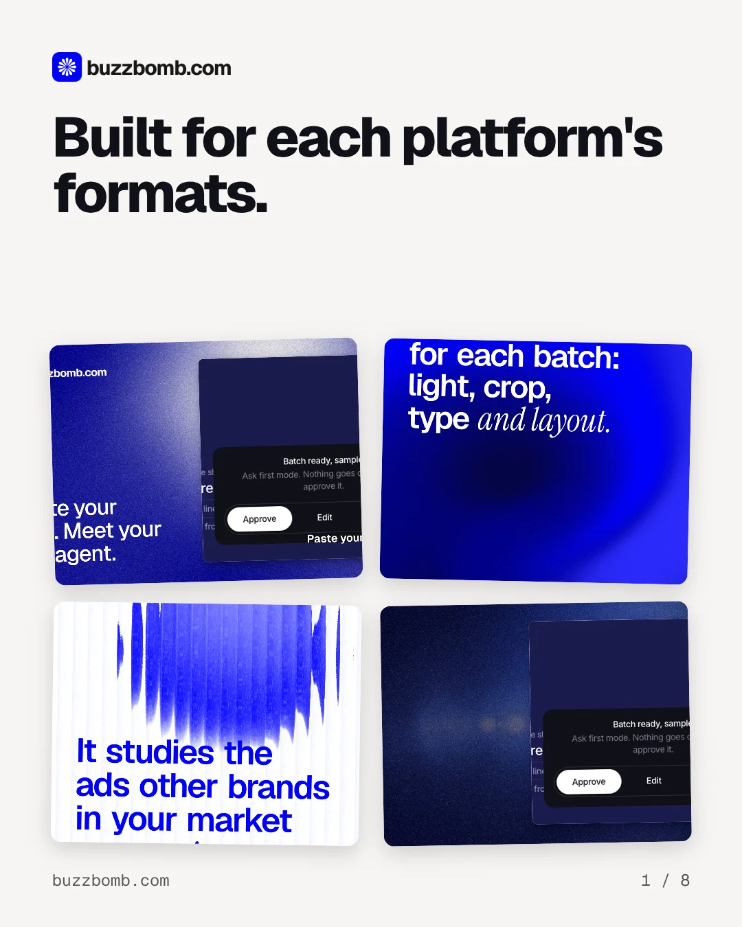 Carousel for BuzzBomb: "Built for each platform's formats.". Collection carousel, 8 slides, light palette.