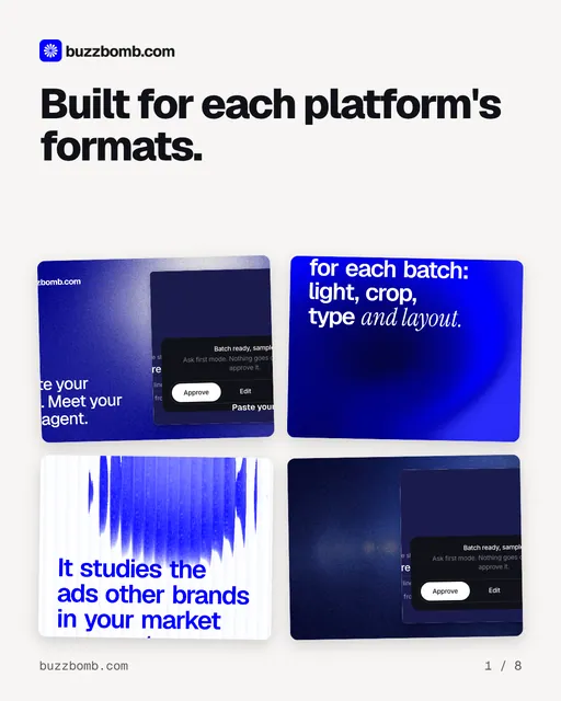 Carousel for BuzzBomb: "Built for each platform's formats.". Collection carousel, 8 slides, light palette.