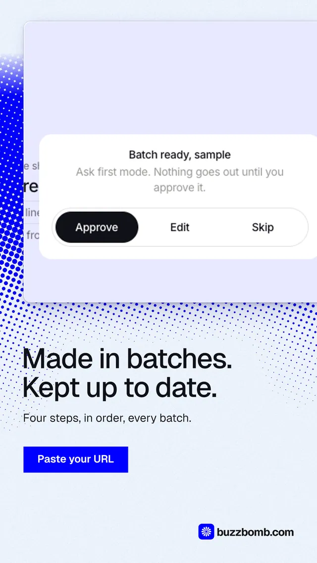 Instagram story for BuzzBomb: "Made in batches. Kept up to date." Swiss style, bottom layout, light palette in white, blue.