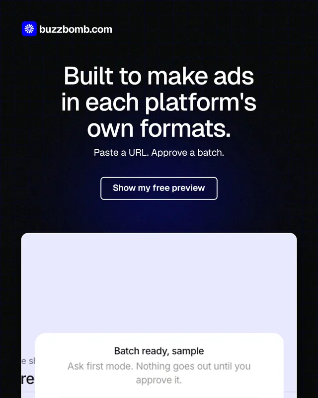 Instagram portrait post for BuzzBomb: "Built to make ads in each platform's own formats." Phosphor atlas style, centred layout, dark palette in black, white, grey.