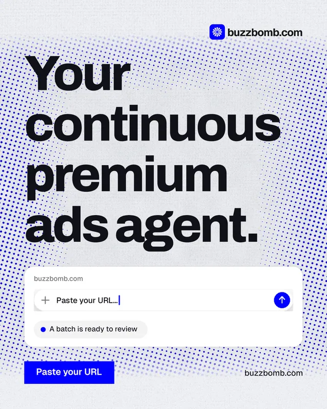 Instagram portrait post for BuzzBomb: "Your continuous premium ads agent." Swiss style, poster layout, light palette in blue, white, grey.