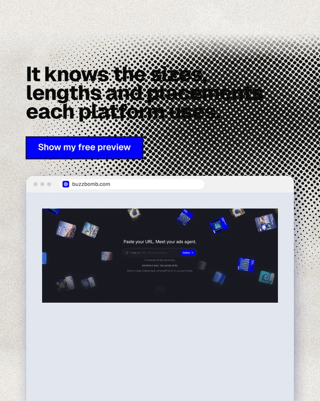 Instagram portrait post for BuzzBomb: "It knows the sizes, lengths and placements each platform uses." Ink sticker style, browser layout, light palette in blue, white, grey.