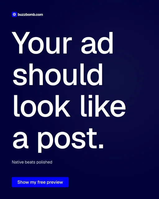 Video for BuzzBomb: "Your ad should look like a post.". Doc motion loop, 8.0 s, dark palette.
