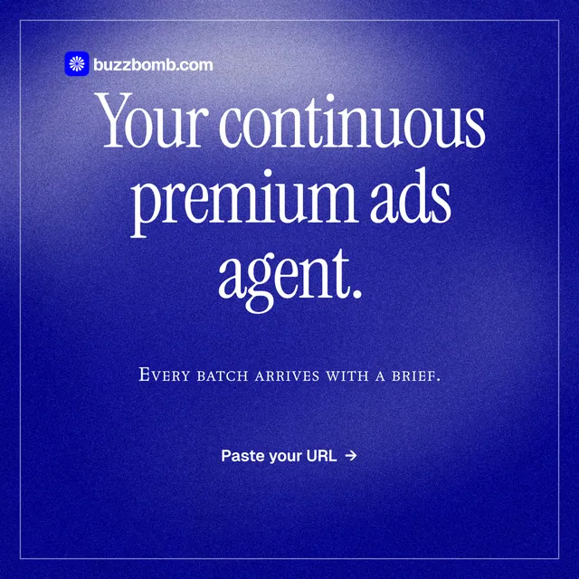 Instagram post for BuzzBomb: "Your continuous premium ads agent." Editorial style, smallcaps layout, dark palette in blue.