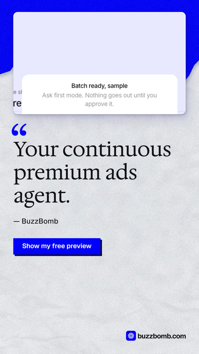 Instagram story for BuzzBomb: "Your continuous premium ads agent." Paper trio style, quote layout, light palette in white, blue.