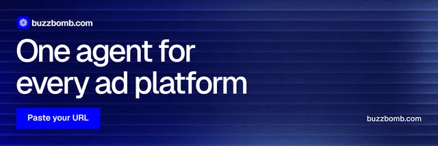 X header for BuzzBomb: "One agent for every ad platform". Swiss style, poster layout, dark palette in blue.