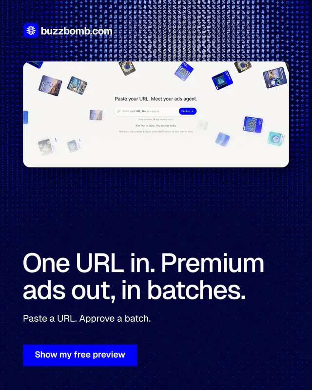 Instagram portrait post for BuzzBomb: "One URL in. Premium ads out, in batches." Swiss style, bottom layout, dark palette in blue, white, black.