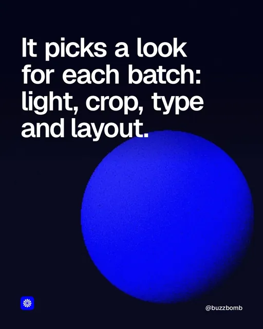 Video for BuzzBomb: "It picks a look for each batch: light, crop, type and layout.". Shader loop, 6.0 s, dark palette.