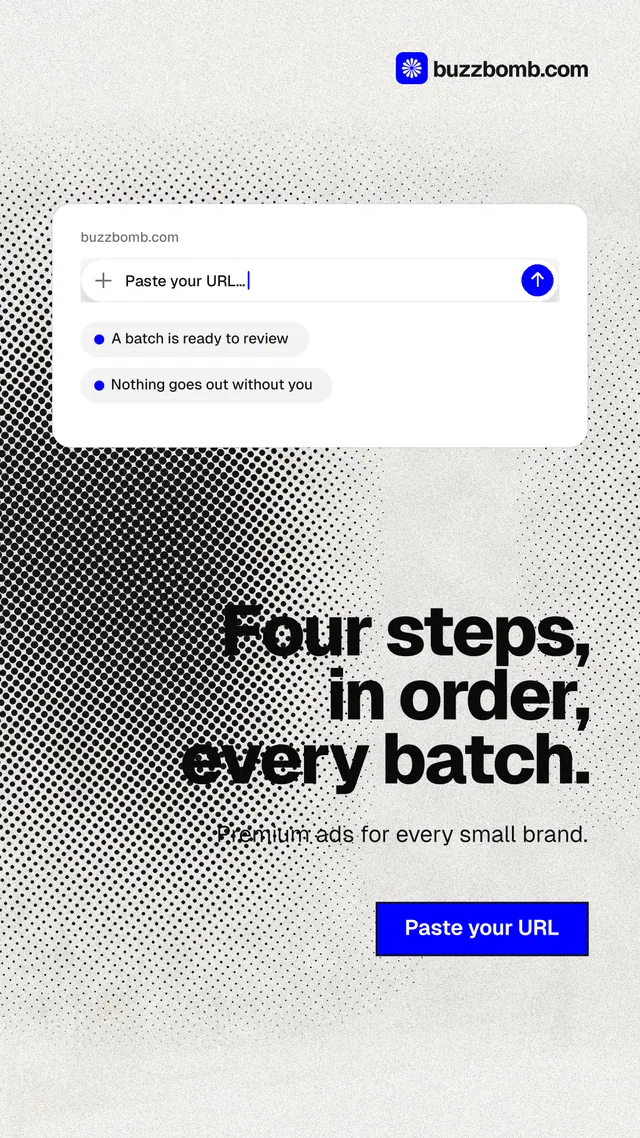 Instagram story for BuzzBomb: "Four steps, in order, every batch." Ink sticker style, right layout, light palette in white, grey.