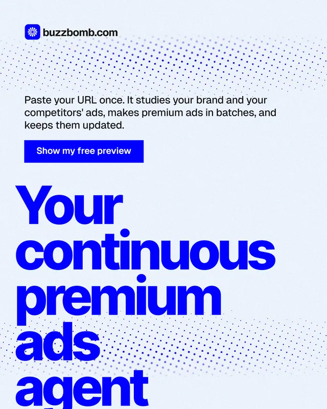 Instagram portrait post for BuzzBomb: "Your continuous premium ads agent." Swiss style, oversized layout, light palette in white, blue.