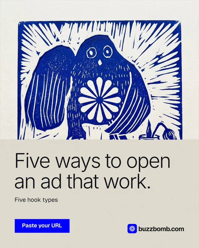 Instagram portrait post for BuzzBomb: "Five ways to open an ad that work." Swiss style, bottom layout, light palette in yellow, blue, grey.