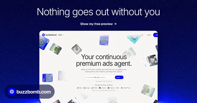 Social ad for BuzzBomb: "Nothing goes out without you". Swiss style, ogui layout, dark palette in blue, white.