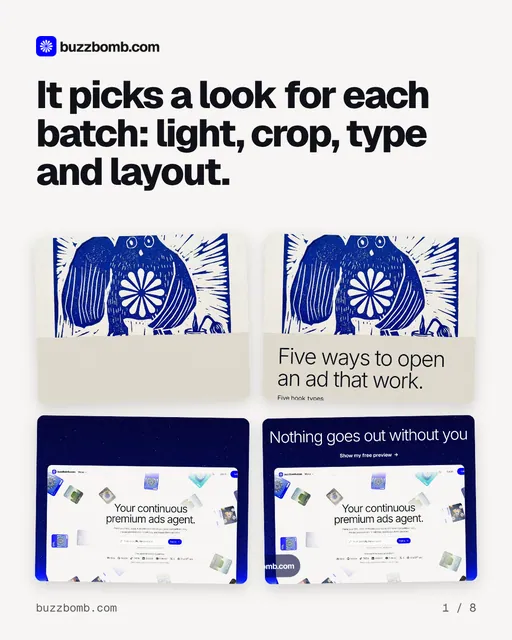 Carousel for BuzzBomb: "It picks a look for each batch: light, crop, type and layout.". Collection carousel, 8 slides, light palette.