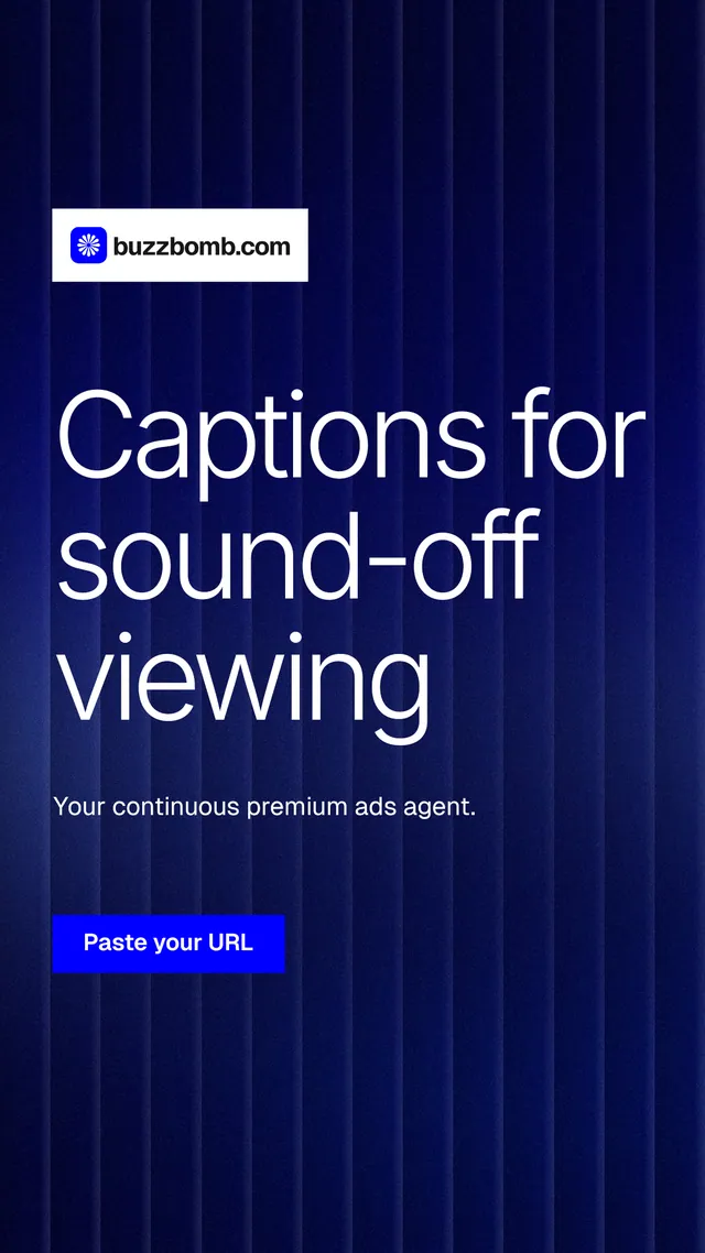 Instagram story for BuzzBomb: "Captions for sound-off viewing". Swiss style, announce layout, dark palette in black, blue.