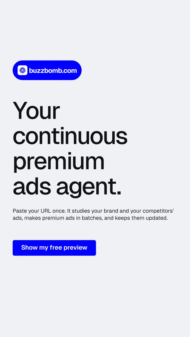 Instagram story for BuzzBomb: "Your continuous premium ads agent." Data card style, announce layout, light palette in white, blue.