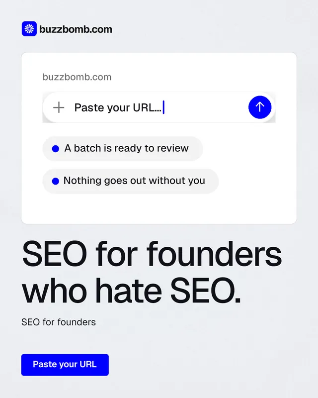Instagram portrait post for BuzzBomb: "SEO for founders who hate SEO." Data card style, bottom layout, light palette in white, blue.