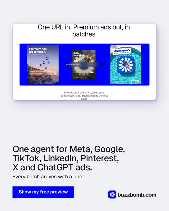 Instagram portrait post for BuzzBomb: "One agent for Meta, Google, TikTok, LinkedIn, Pinterest, X and ChatGPT ads." Swiss style, bottom layout, light palette in white, blue.