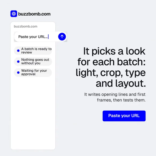Instagram post for BuzzBomb: "It picks a look for each batch: light, crop, type and layout." Data card style, right layout, light palette in white, blue.