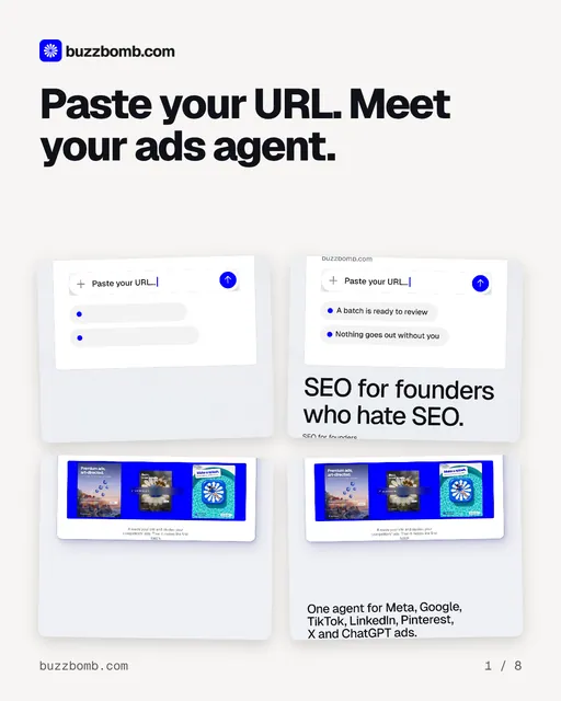Carousel for BuzzBomb: "Paste your URL. Meet your ads agent.". Collection carousel, 8 slides, light palette.