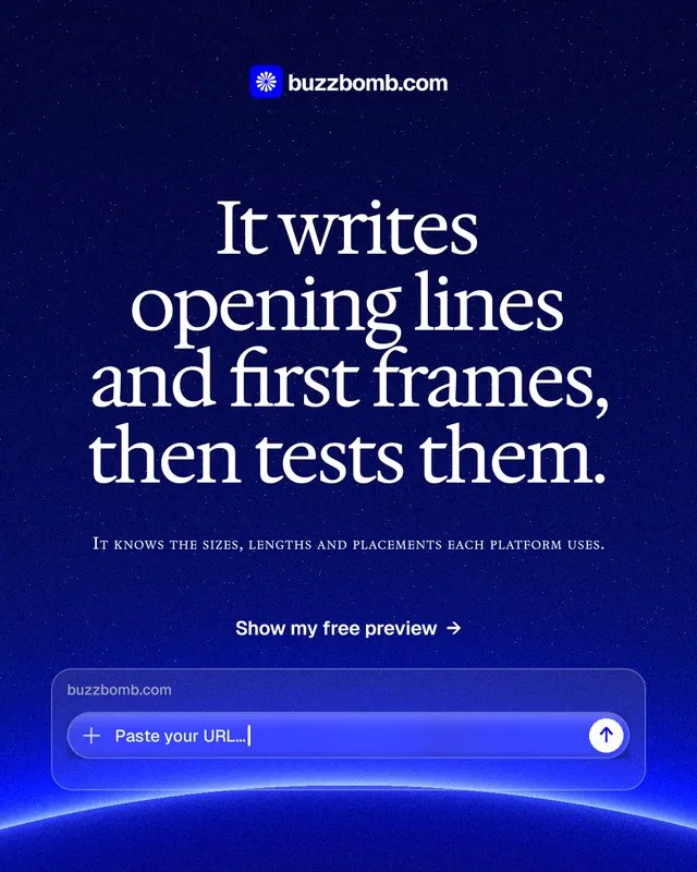 Instagram portrait post for BuzzBomb: "It writes opening lines and first frames, then tests them." Swiss style, smallcaps layout, dark palette in blue.
