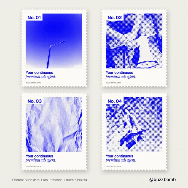 Instagram post for BuzzBomb: "Your continuous premium ads agent." Sheet style, technique:stamp series layout, light palette in yellow, blue, white.