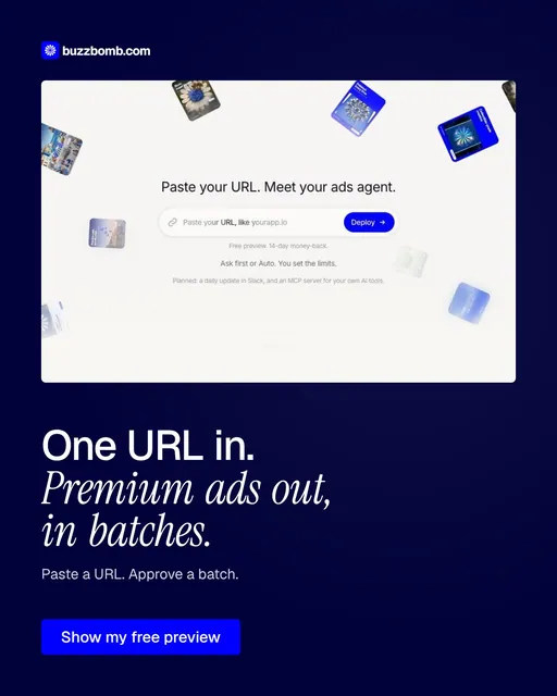 Video for BuzzBomb: "One URL in. Premium ads out, in batches.". Doc motion loop, 8.0 s, dark palette.
