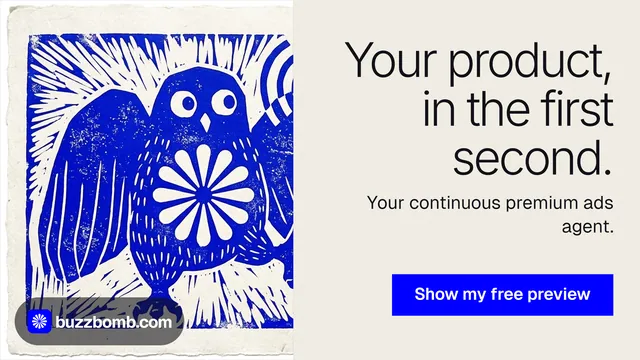 Landscape graphic for BuzzBomb: "Your product, in the first second." Swiss style, right layout, light palette in yellow, blue, grey.