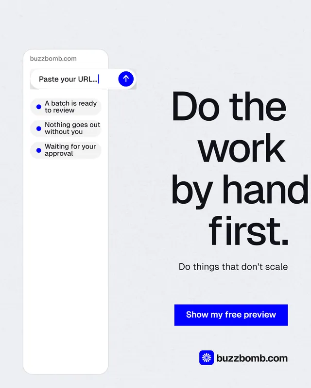 Instagram portrait post for BuzzBomb: "Do the work by hand first." Swiss style, right layout, light palette in white, blue.