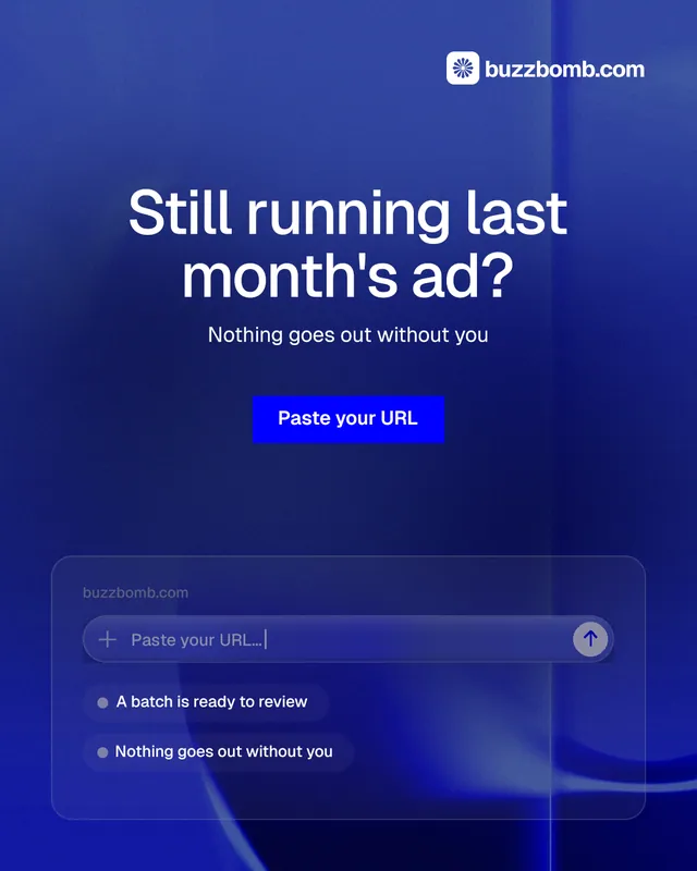 Instagram portrait post for BuzzBomb: "Still running last month's ad?" Swiss style, centred layout, dark palette in blue.