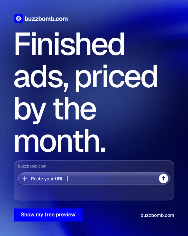 Instagram portrait post for BuzzBomb: "Finished ads, priced by the month." Swiss style, poster layout, dark palette in blue.