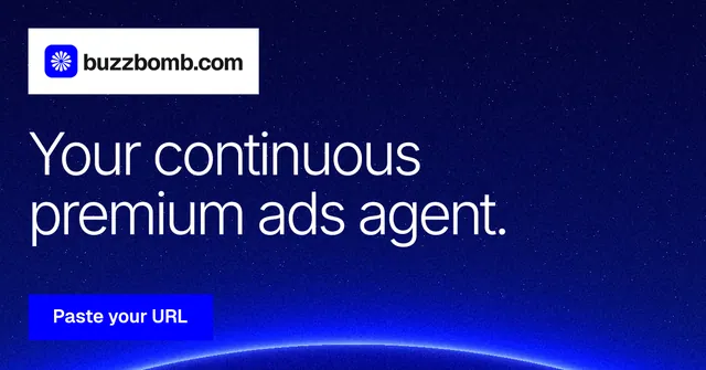 Social ad for BuzzBomb: "Your continuous premium ads agent." Swiss style, announce layout, dark palette in blue.