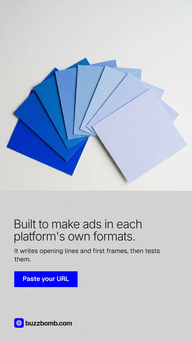 Instagram story for BuzzBomb: "Built to make ads in each platform's own formats." Swiss style, bottom layout, light palette in white, blue.