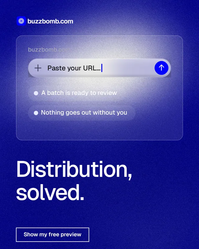 Instagram portrait post for BuzzBomb: "Distribution, solved." Cyanotype style, bottom layout, dark palette in blue.