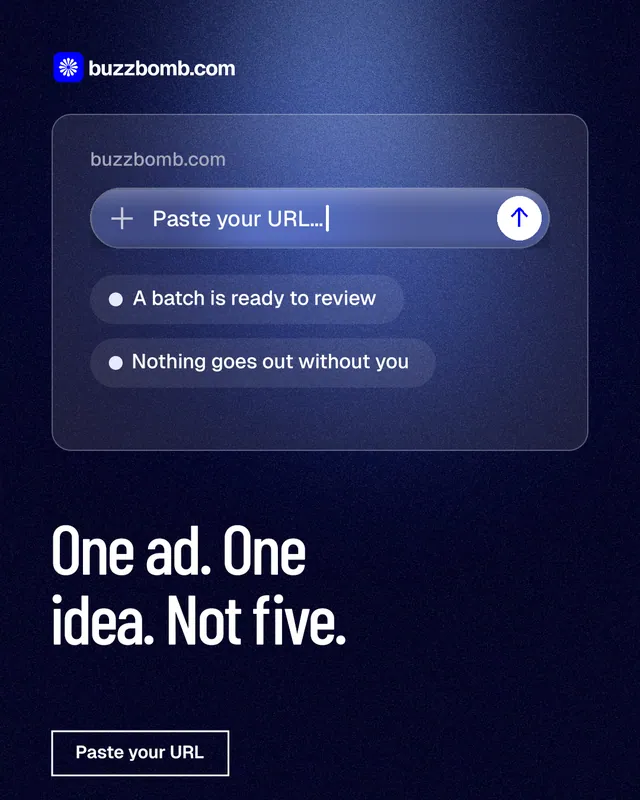 Instagram portrait post for BuzzBomb: "One ad. One idea. Not five." Dark deco style, bottom layout, dark palette in black, blue.