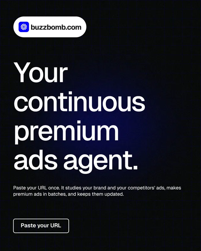 Instagram portrait post for BuzzBomb: "Your continuous premium ads agent." Phosphor atlas style, announce layout, dark palette in black, grey.