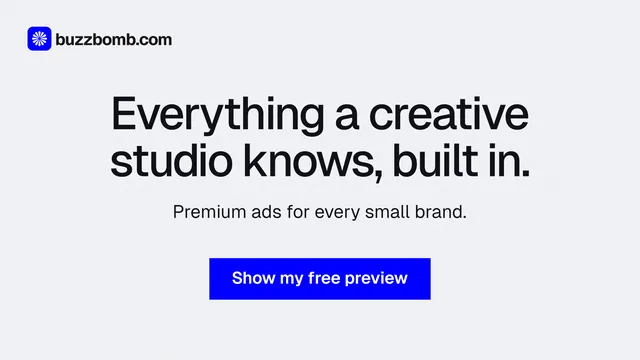Landscape graphic for BuzzBomb: "Everything a creative studio knows, built in." Swiss style, centred layout, light palette in white, blue.